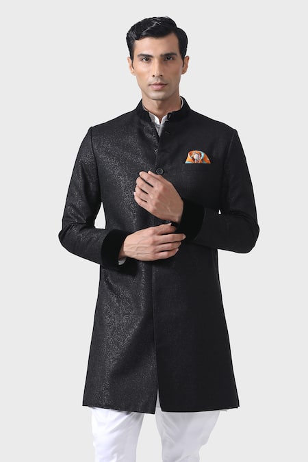 Raghavendra Rathore Jodhpur_Black Suede Elite Elegance Textured Short Achkan _at_Aza_Fashions