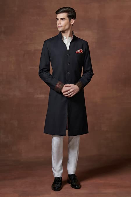 Raghavendra Rathore Jodhpur Blue Wool Mystique Elegance V-neck Textured Achkan 