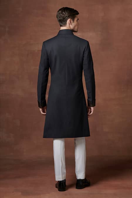 Shop Raghavendra Rathore Jodhpur Blue Wool Mystique Elegance V-neck Textured Achkan at Aza Fashions Shop_Raghavendra Rathore Jodhpur_Blue Wool Mystique Elegance V-neck Textured Achkan _at_Aza_Fashions