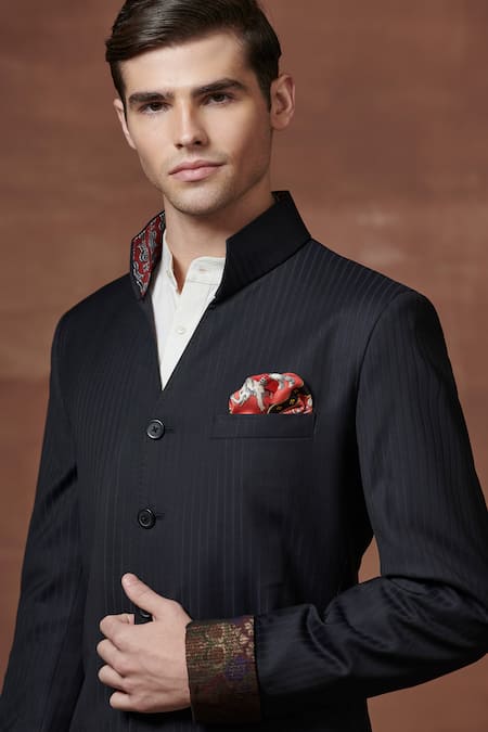 Buy Raghavendra Rathore Jodhpur Blue Wool Mystique Elegance V-neck Textured Achkan Online at Aza Fashions Buy_Raghavendra Rathore Jodhpur_Blue Wool Mystique Elegance V-neck Textured Achkan _Online_at_Aza_Fashions