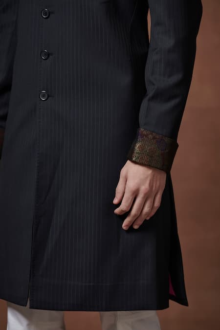 Shop Raghavendra Rathore Jodhpur Blue Wool Mystique Elegance V-neck Textured Achkan Online at Aza Fashions Shop_Raghavendra Rathore Jodhpur_Blue Wool Mystique Elegance V-neck Textured Achkan _Online_at_Aza_Fashions