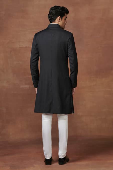 Shop Raghavendra Rathore Jodhpur Black Wool Opulent Pinstriped Achkan at Aza Fashions Shop_Raghavendra Rathore Jodhpur_Black Wool Opulent Pinstriped Achkan _at_Aza_Fashions