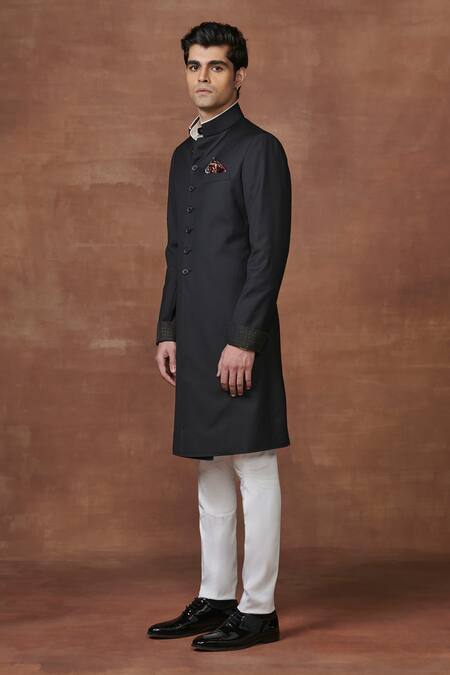 Raghavendra Rathore Jodhpur Black Wool Opulent Pinstriped Achkan Online at Aza Fashions Raghavendra Rathore Jodhpur_Black Wool Opulent Pinstriped Achkan _Online_at_Aza_Fashions
