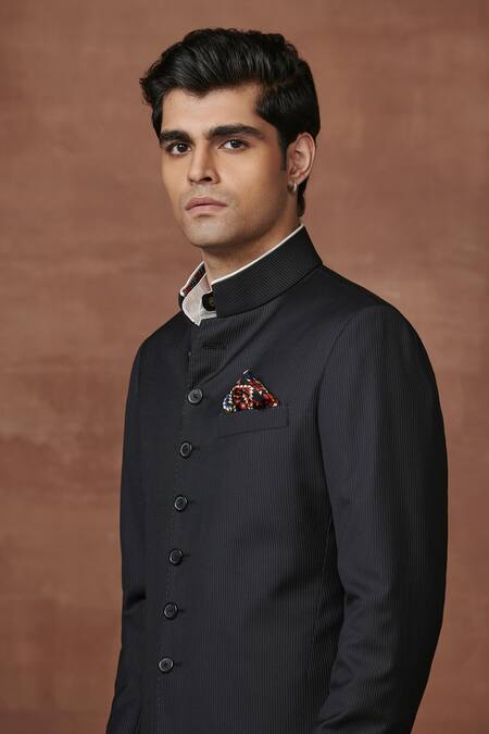 Shop Raghavendra Rathore Jodhpur Black Wool Opulent Pinstriped Achkan Online at Aza Fashions Shop_Raghavendra Rathore Jodhpur_Black Wool Opulent Pinstriped Achkan _Online_at_Aza_Fashions