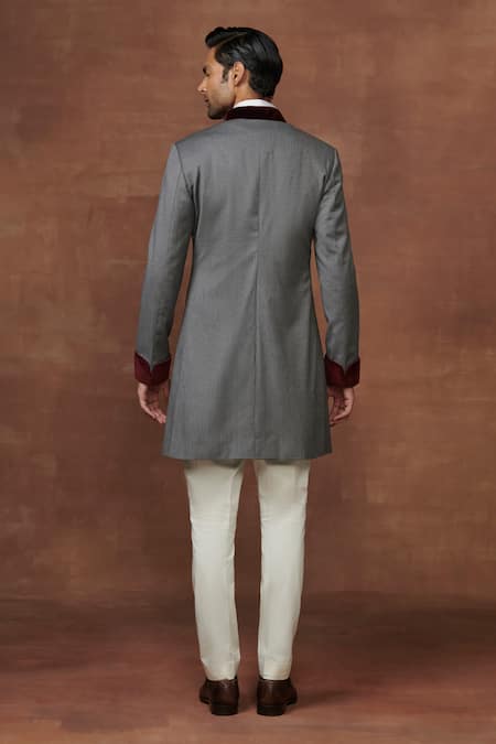 Shop Raghavendra Rathore Jodhpur Grey Wool Textured Pinstriped Short Achkan at Aza Fashions Shop_Raghavendra Rathore Jodhpur_Grey Wool Textured Pinstriped Short Achkan _at_Aza_Fashions