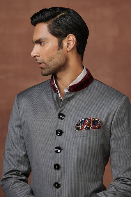 Shop Raghavendra Rathore Jodhpur Grey Wool Textured Pinstriped Short Achkan Online at Aza Fashions Shop_Raghavendra Rathore Jodhpur_Grey Wool Textured Pinstriped Short Achkan _Online_at_Aza_Fashions