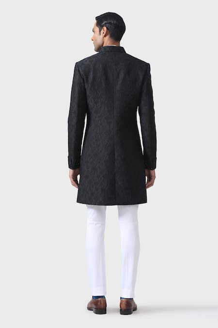 Shop_Raghavendra Rathore Jodhpur_Black Embroidery Timeless Elegance Refined Textured Achkan _at_Aza_Fashions