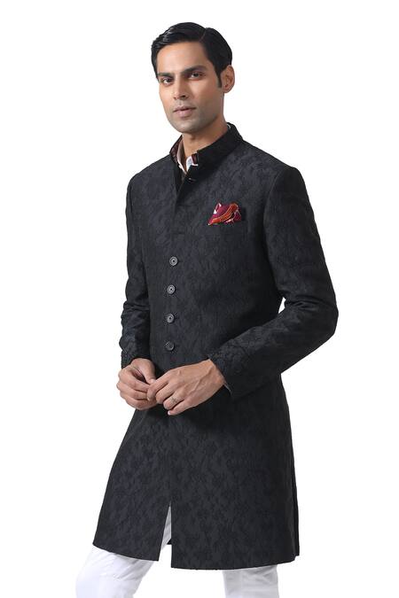 Buy_Raghavendra Rathore Jodhpur_Black Embroidery Timeless Elegance Refined Textured Achkan _Online_at_Aza_Fashions