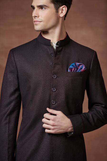 Raghavendra Rathore Jodhpur Brown Wool Embroidery Regal Striped Textured Achkan Online at Aza Fashions Raghavendra Rathore Jodhpur_Brown Wool Embroidery Regal Striped Textured Achkan _Online_at_Aza_Fashions