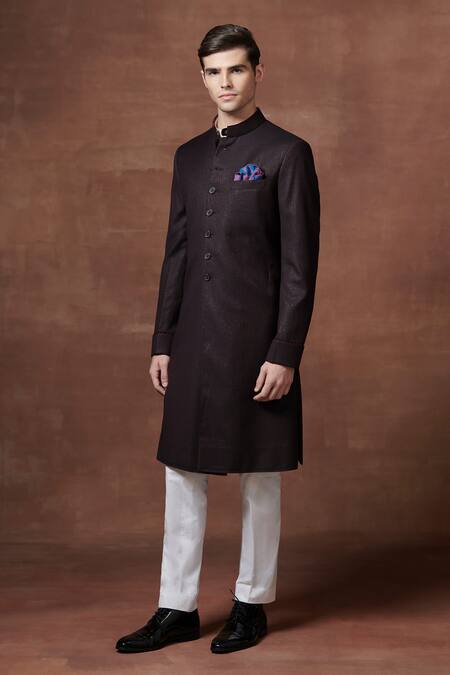 Buy Raghavendra Rathore Jodhpur Brown Wool Embroidery Regal Striped Textured Achkan Online at Aza Fashions Buy_Raghavendra Rathore Jodhpur_Brown Wool Embroidery Regal Striped Textured Achkan _Online_at_Aza_Fashions