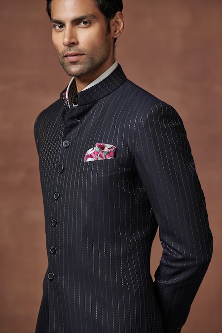 Shop Raghavendra Rathore Jodhpur Blue Wool Zari The Royal Grandeur Achkan Online at Aza Fashions Shop_Raghavendra Rathore Jodhpur_Blue Wool Zari The Royal Grandeur Achkan _Online_at_Aza_Fashions