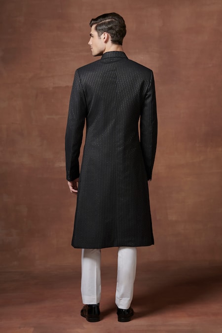 Shop Raghavendra Rathore Jodhpur Black Wool Zari Regal Night The Bespoke Achkan at Aza Fashions Shop_Raghavendra Rathore Jodhpur_Black Wool Zari Regal Night The Bespoke Achkan _at_Aza_Fashions