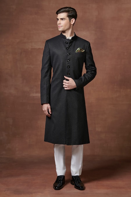 Raghavendra Rathore Jodhpur Black Wool Zari Regal Night The Bespoke Achkan Online at Aza Fashions Raghavendra Rathore Jodhpur_Black Wool Zari Regal Night The Bespoke Achkan _Online_at_Aza_Fashions