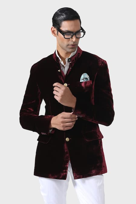 Shop_Raghavendra Rathore Jodhpur_Maroon Velvet Classic Elegance Handmade Bandhgala Jacket _Online_at_Aza_Fashions