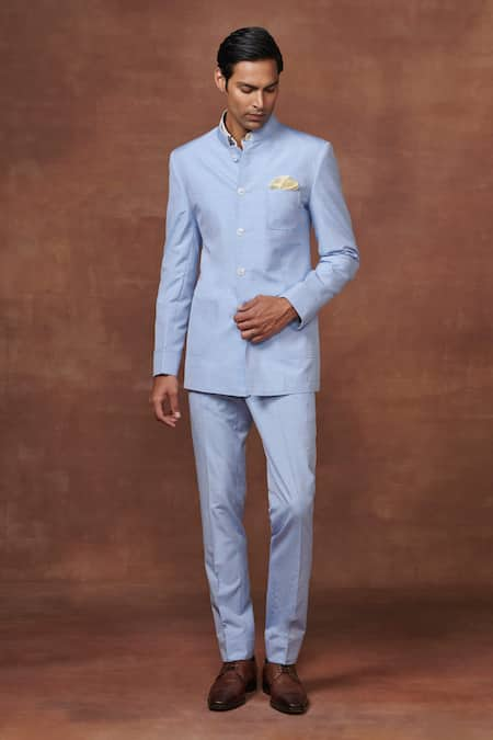 Raghavendra Rathore Jodhpur Sky Blue Silk Wool Embroidered Thread Work Cerulean Bandhgala Jacket 