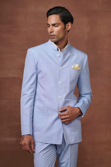Raghavendra Rathore Jodhpur Sky Blue Silk, Wool Embroidery Cerulean Bandhgala Jacket Online at Aza Fashions Raghavendra Rathore Jodhpur_Sky Blue Silk, Wool Embroidery Cerulean Bandhgala Jacket _Online_at_Aza_Fashions