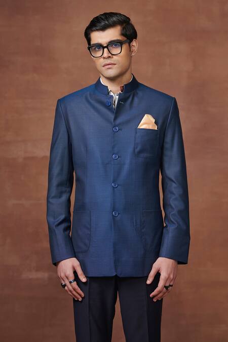Raghavendra Rathore Jodhpur Blue Wool The Regal Radiance Bandhgala Jacket Online at Aza Fashions Raghavendra Rathore Jodhpur_Blue Wool The Regal Radiance Bandhgala Jacket _Online_at_Aza_Fashions