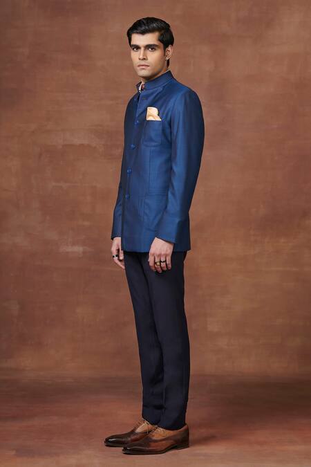 Shop Raghavendra Rathore Jodhpur Blue Wool The Regal Radiance Bandhgala Jacket Online at Aza Fashions Shop_Raghavendra Rathore Jodhpur_Blue Wool The Regal Radiance Bandhgala Jacket _Online_at_Aza_Fashions