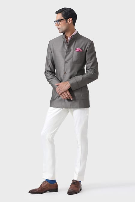 Raghavendra Rathore Jodhpur Brown Wool Plain Pleated Patch Pocket Bandhgala Jacket 