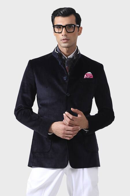 Shop_Raghavendra Rathore Jodhpur_Blue Cashmere, Corduroy Elegant Bandhgala _Online_at_Aza_Fashions