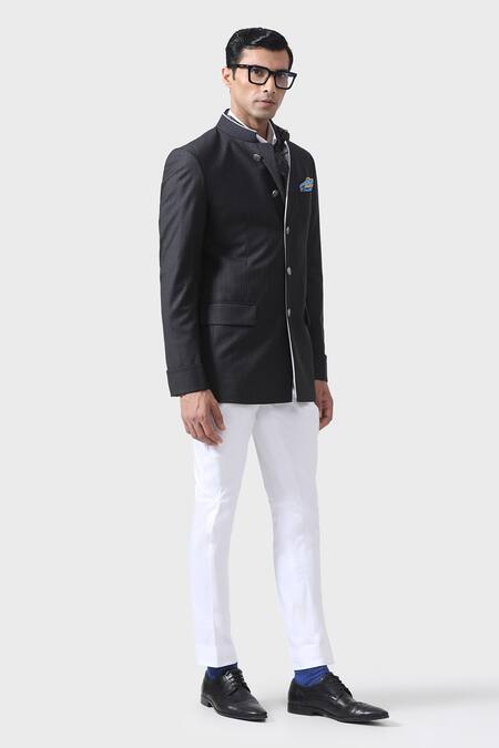 Raghavendra Rathore Jodhpur_Grey Wool Piping Opulent Noir The Bespoke Bandhgala _Online_at_Aza_Fashions