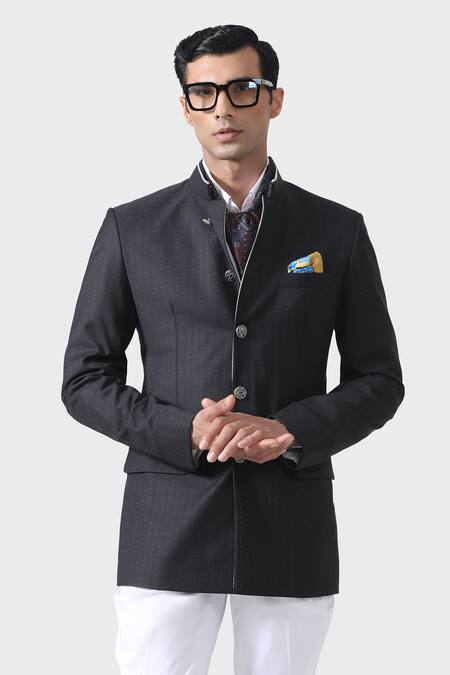 Buy_Raghavendra Rathore Jodhpur_Grey Wool Piping Opulent Noir The Bespoke Bandhgala _Online_at_Aza_Fashions