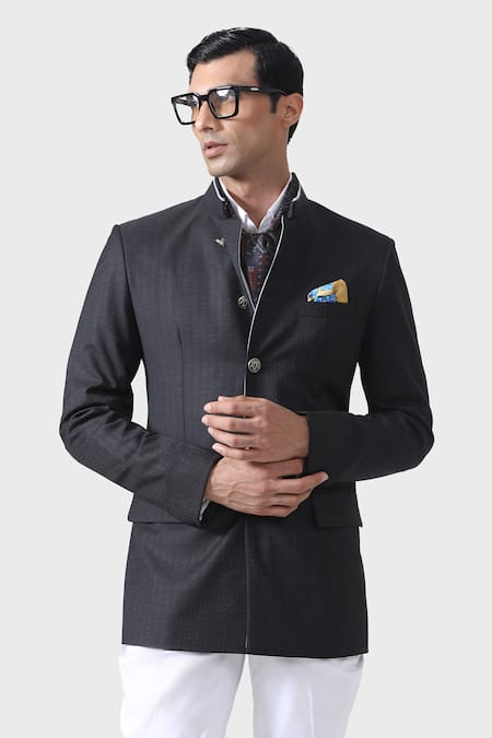 Shop_Raghavendra Rathore Jodhpur_Grey Wool Piping Opulent Noir The Bespoke Bandhgala _Online_at_Aza_Fashions