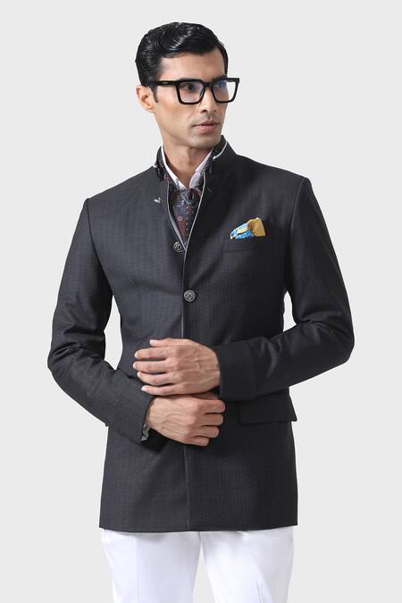 Raghavendra Rathore Jodhpur_Grey Wool Piping Opulent Noir The Bespoke Bandhgala _at_Aza_Fashions