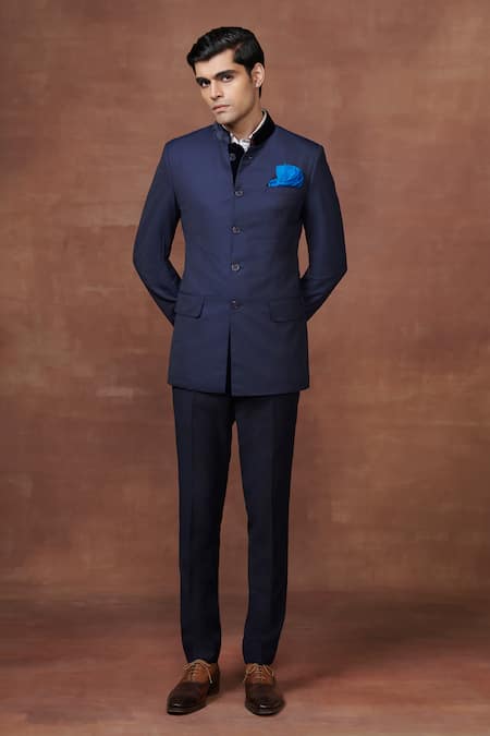 Raghavendra Rathore Jodhpur Blue Wool The Midnight Stripe Pattern Bandhgala