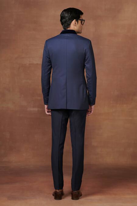 Shop Raghavendra Rathore Jodhpur Blue Wool The Midnight Stripe Pattern Bandhgala at Aza Fashions Shop_Raghavendra Rathore Jodhpur_Blue Wool The Midnight Stripe Pattern Bandhgala _at_Aza_Fashions