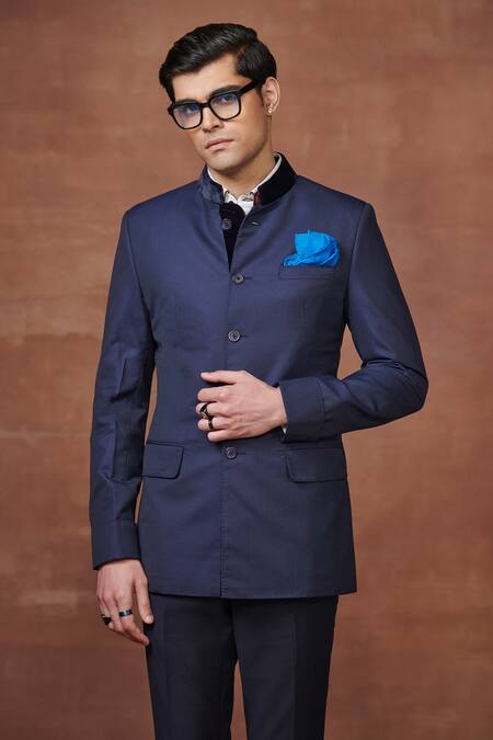 Raghavendra Rathore Jodhpur Blue Wool The Midnight Stripe Pattern Bandhgala Online at Aza Fashions Raghavendra Rathore Jodhpur_Blue Wool The Midnight Stripe Pattern Bandhgala _Online_at_Aza_Fashions