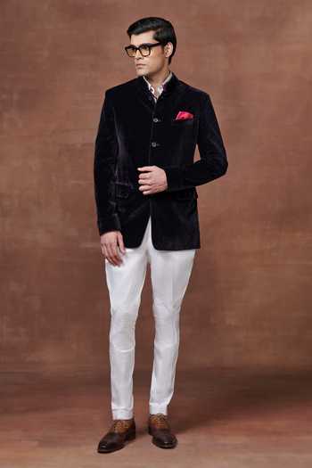 Raghavendra Rathore Jodhpur_Blue Velvet Embroidery Opulent Elegance Bespoke Bandhgala _Online_at_Aza_Fashions