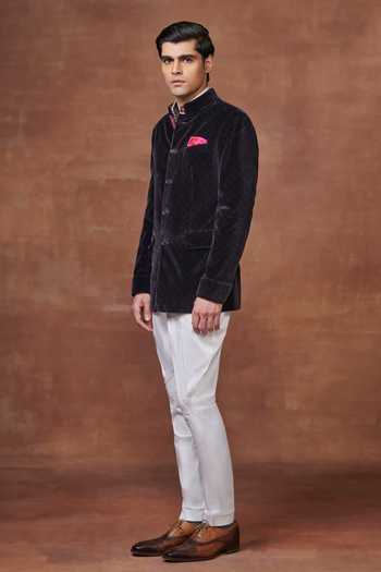 Buy_Raghavendra Rathore Jodhpur_Blue Velvet Embroidery Opulent Elegance Bespoke Bandhgala _Online_at_Aza_Fashions