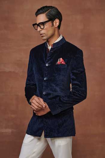 Raghavendra Rathore Jodhpur_Blue Velvet Embroidery Regal Elegance The Paisley Pattern Bandhgala _Online_at_Aza_Fashions
