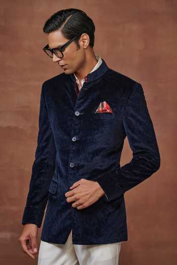 Buy_Raghavendra Rathore Jodhpur_Blue Velvet Embroidery Regal Elegance The Paisley Pattern Bandhgala _Online_at_Aza_Fashions
