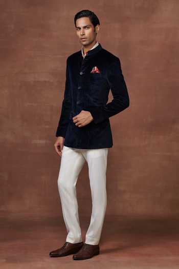 Shop_Raghavendra Rathore Jodhpur_Blue Velvet Embroidery Regal Elegance The Paisley Pattern Bandhgala _Online_at_Aza_Fashions
