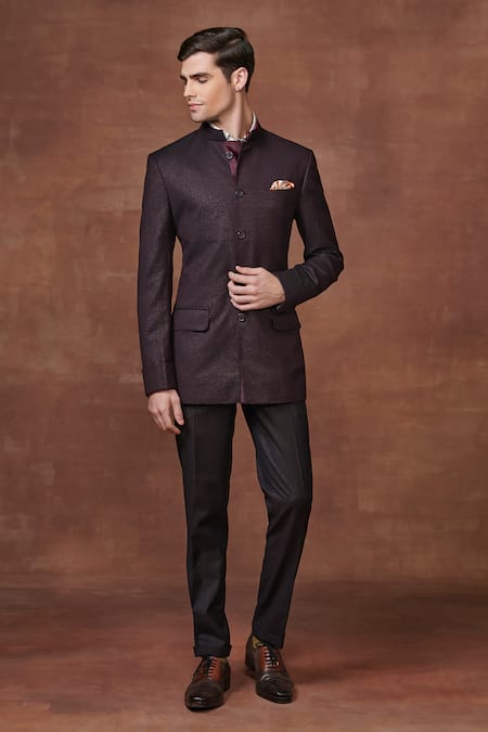 Raghavendra Rathore Jodhpur Brown Wool Stripe Eminent Elegance Bandhgala 