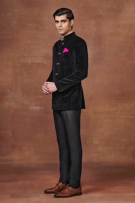 Raghavendra Rathore Jodhpur_Black Cotton, Velvet Velour Reverie Bandhgala _Online_at_Aza_Fashions