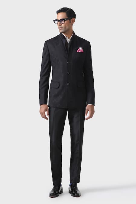 Raghavendra Rathore Jodhpur_Black Cotton Embroidery Elegance The Ultimate Bespoke Bandhgala _Online_at_Aza_Fashions