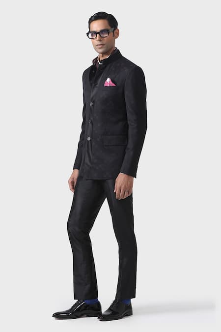 Shop_Raghavendra Rathore Jodhpur_Black Cotton Embroidery Elegance The Ultimate Bespoke Bandhgala _Online_at_Aza_Fashions