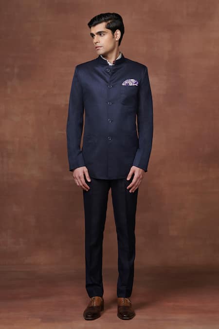 Raghavendra Rathore Jodhpur_Blue Wool The Noble Textured Bandhgala _Online_at_Aza_Fashions