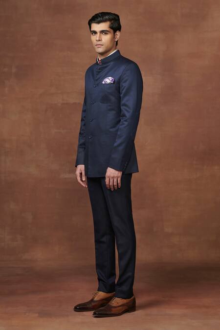 Buy_Raghavendra Rathore Jodhpur_Blue Wool The Noble Textured Bandhgala _Online_at_Aza_Fashions