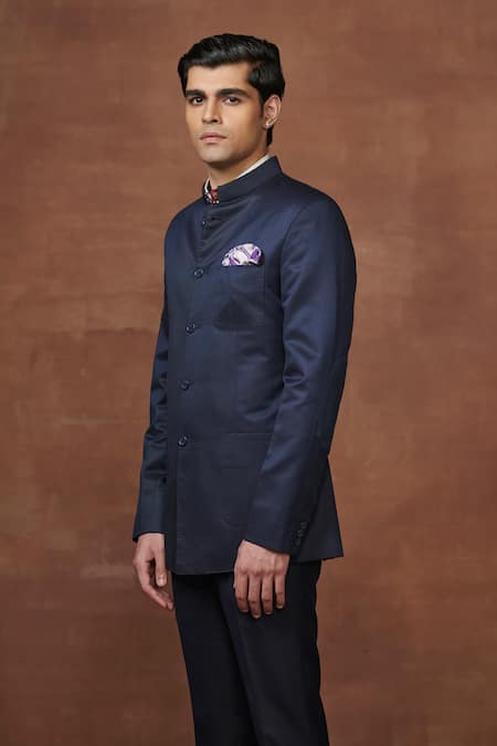 Shop_Raghavendra Rathore Jodhpur_Blue Wool The Noble Textured Bandhgala _Online_at_Aza_Fashions