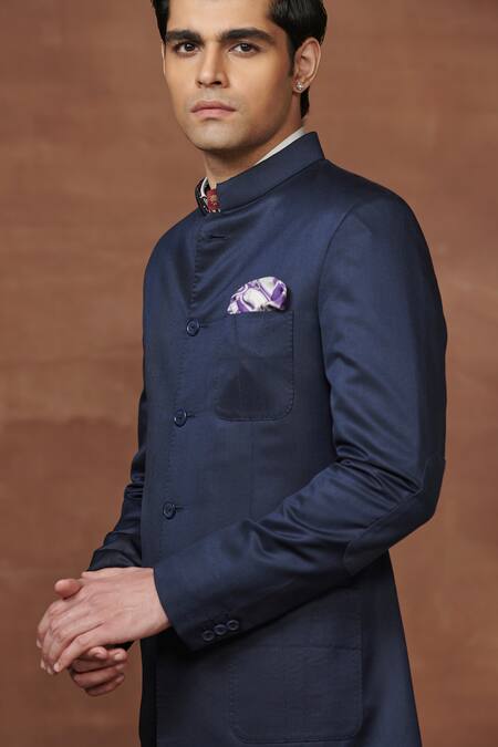Raghavendra Rathore Jodhpur_Blue Wool The Noble Textured Bandhgala _at_Aza_Fashions