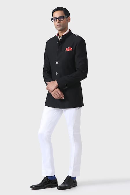 Raghavendra Rathore Jodhpur_Black Microfiber Embroidery Opulent Noir The Bespoke Plain Bandhgala _Online_at_Aza_Fashions