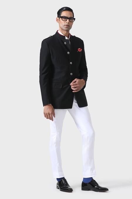 Buy_Raghavendra Rathore Jodhpur_Black Microfiber Embroidery Opulent Noir The Bespoke Plain Bandhgala _Online_at_Aza_Fashions