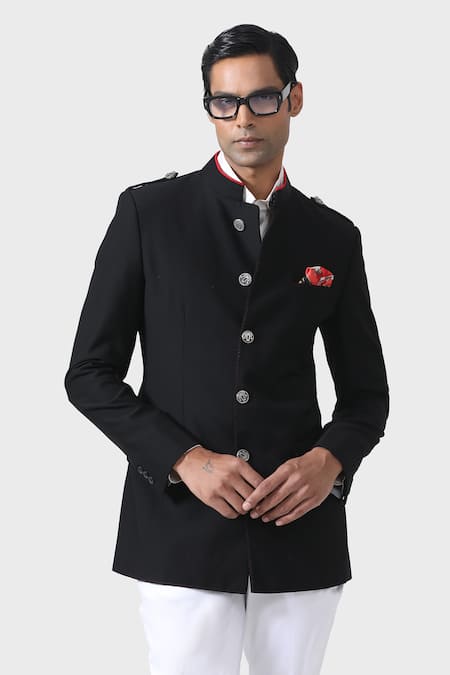 Shop_Raghavendra Rathore Jodhpur_Black Microfiber Embroidery Opulent Noir The Bespoke Plain Bandhgala _Online_at_Aza_Fashions