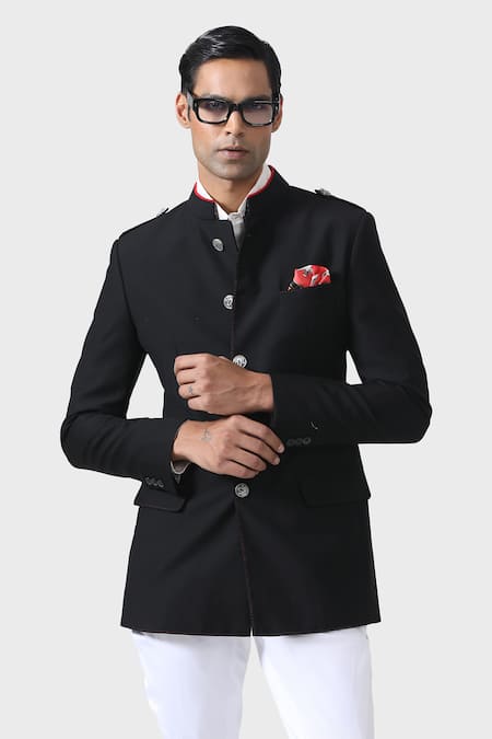 Raghavendra Rathore Jodhpur_Black Microfiber Embroidery Opulent Noir The Bespoke Plain Bandhgala _at_Aza_Fashions