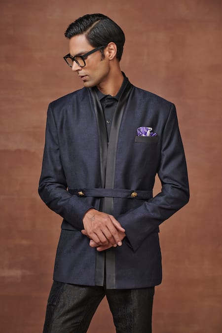 Raghavendra Rathore Jodhpur_Blue Wool Geometric Woven Overlapped Bandhgala _Online_at_Aza_Fashions