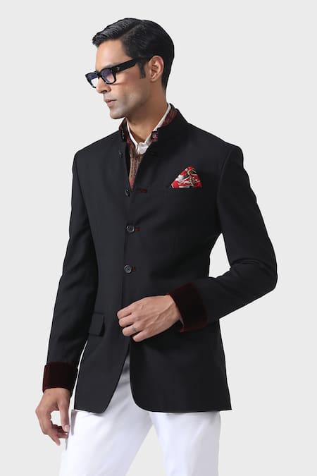 Shop_Raghavendra Rathore Jodhpur_Black Velvet Elegant Handmade Bandhgala _Online_at_Aza_Fashions